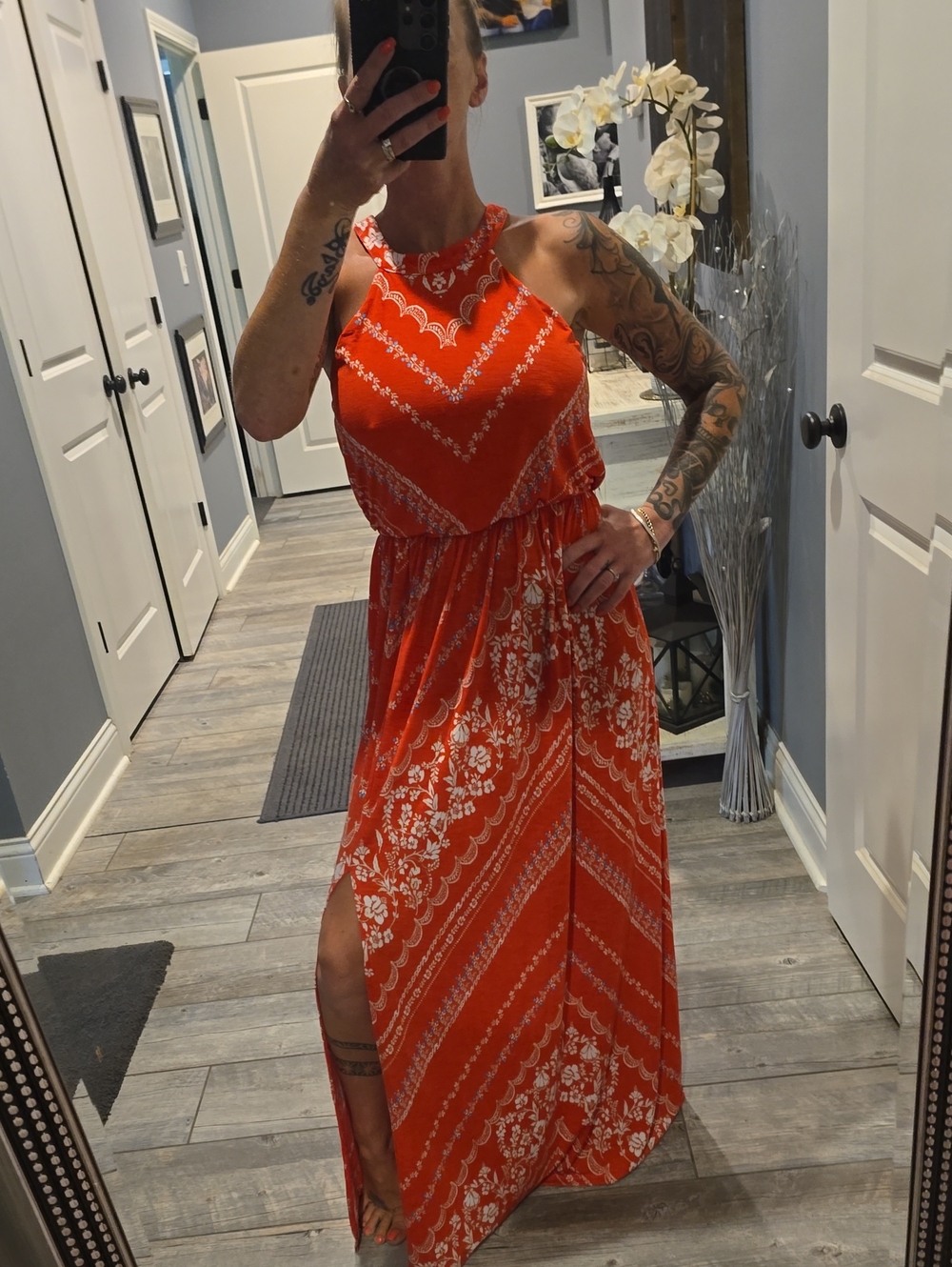 Three Hearts Red Floral Halter Maxi Dress